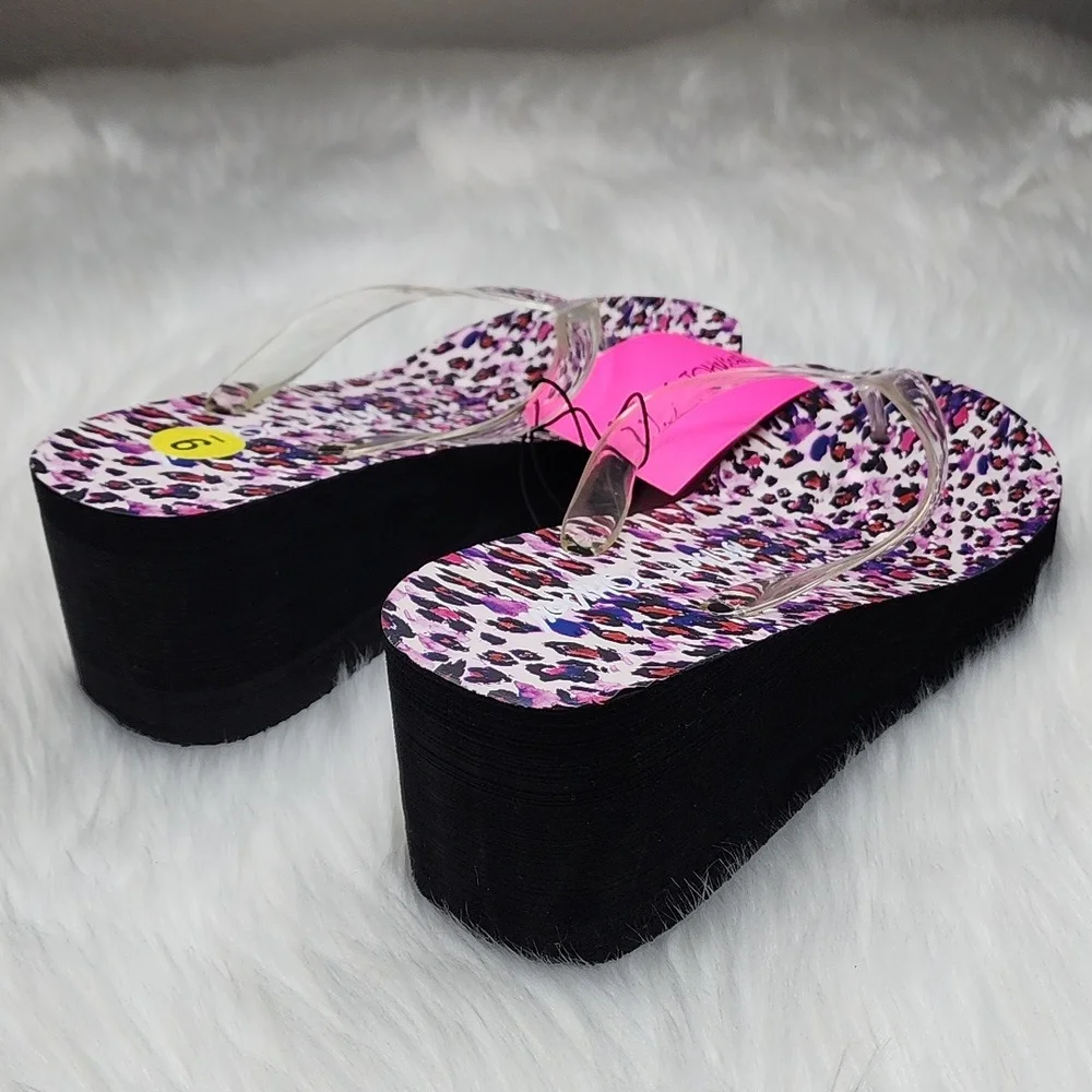 Betsey Johnson Leopard Print Wedge Platform Sandals with Clear Straps
